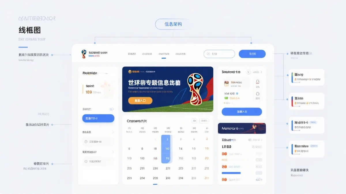 世界杯专题页的信息架构示意：直播入口、赛程、数据卡片与战报模块